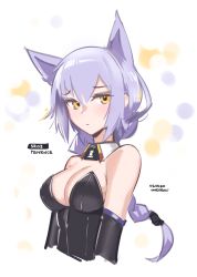 Rule 34 | 1girl, animal ears, arknights, bare shoulders, black shirt, blouse, braid, braided ponytail, breasts, character name, cleavage, cropped torso, dated, deel (rkeg), detached collar, detached sleeves, frown, highres, large breasts, long hair, looking at viewer, low ponytail, one-hour drawing challenge, provence (arknights), purple hair, shirt, sidelocks, single braid, solo, strapless, strapless shirt, wolf ears, yellow eyes