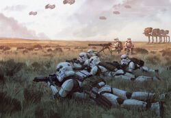 Rule 34 | 6+boys, at-st, backpack, bag, cloud, cloudy sky, commentary, edouard groult, english commentary, galactic empire, gun, helmet, highres, holding, holding gun, holding weapon, lying, male focus, mecha, multiple boys, on stomach, robot, sky, star wars, stormtrooper, tie bomber, turret, walker (robot), weapon