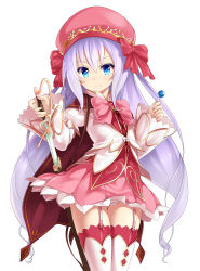 Rule 34 | 1girl, absurdres, blue eyes, brooch, candy, cape, dungeons &amp; princess, food, garter straps, hat, highres, jewelry, lollipop, long hair, long sleeves, looking at viewer, orochi itto, purple hair, red thighhighs, simple background, skirt, solo, sword, thighhighs, weapon, white background