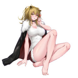 Rule 34 | 1girl, animal ears, arknights, black choker, black jacket, blonde hair, blush, breasts, candy, chinese commentary, choker, cleavage, commentary request, food, full body, fur-trimmed jacket, fur-trimmed shorts, fur trim, highres, holding, holding candy, holding food, holding lollipop, jacket, large breasts, leather, leather jacket, lion ears, lollipop, long hair, looking at viewer, parted lips, red shorts, short shorts, shorts, siege (arknights), simple background, sitting, solo, studded choker, tank top, two-sided fabric, two-sided jacket, white background, white tank top, yeklsa