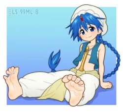 Rule 34 | 1boy, aladdin (magi), arabian clothes, arm support, baggy pants, blue background, blue eyes, blush, border, braid, braided ponytail, closed mouth, collarbone, commentary, commission, english commentary, feet, flute, full body, gradient background, hair between eyes, instrument, long hair, magi the labyrinth of magic, male focus, pants, shadow, sleeveless, smile, soles, solo, toe scrunch, toenails, toes, tsukimaru (ls 99ml), turban, twitter username, very long hair, white border, white pants
