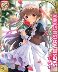 Rule 34 | 1girl, :o, apron, arisugawa saeko, black dress, breasts, brown eyes, brown hair, card (medium), day, dress, flower, girlfriend (kari), greenhouse, indoors, long hair, looking at viewer, maid, maid apron, maid headdress, medium breasts, official art, open mouth, qp:flapper, red flower, red petals, solo, standing, tagme, twintails