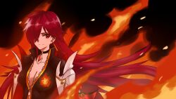 Rule 34 | 1girl, black choker, breasts, choker, cleavage, closed mouth, coat, earrings, elesis (elsword), elsword, fire, flame lord (elsword), hair over one eye, highres, jewelry, long hair, looking at viewer, medium breasts, red eyes, red hair, smile, solo, upper body, white coat, zone13347341
