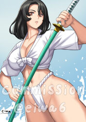 Rule 34 | 1girl, black hair, blue background, breasts, brown eyes, cleavage, commission, covered erect nipples, eiwa, fundoshi, holding, holding sword, holding weapon, japanese clothes, katana, large breasts, left-handed, medium hair, mizu happi, navel, original, pink lips, skeb commission, sword, toned, watermark, weapon