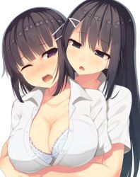 Rule 34 | 2girls, black hair, blouse, blue eyes, blush, bra, breasts, buttons, cleavage, collarbone, female focus, hair ornament, hairclip, heart, heart-shaped pupils, hug, hug from behind, large breasts, long hair, multiple girls, open mouth, original, purple eyes, samegami, shirt, short hair, simple background, symbol-shaped pupils, unbuttoned, underwear, upper body, white background, white bra, white shirt, yuri