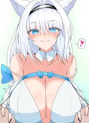 Rule 34 | 1girl, animal ear fluff, animal ears, bare shoulders, blue bow, blue eyes, blue ribbon, blush, bow, breasts, cat ears, cat girl, cat tail, cleavage, detached collar, dobrynya nikitich (fate), dress, fate/grand order, fate (series), fur trim, hair bow, hairband, han (jackpot), highres, holding hands, interlocked fingers, large breasts, long hair, looking at viewer, low ponytail, ribbon, solo focus, tail, white dress, white hair