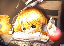 Rule 34 | 1girl, ahoge, bad id, bad pixiv id, blonde hair, blush, book, bottle, bow, braid, chair, cork, desk, desk lamp, hat, hat bow, hat ribbon, unworn headwear, kirisame marisa, lamp, long sleeves, looking at viewer, natsune ilasuto, paper, potion, quill, resting, ribbon, scribble, side braid, single braid, sitting, solo, touhou, witch hat, yellow eyes