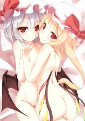 Rule 34 | 2girls, absurdres, ass, back, bat wings, bed sheet, between thighs, black wings, blonde hair, blush, bow, breasts, closed mouth, commentary request, crystal, fang, fang out, fingernails, flandre scarlet, hat, hat bow, highres, holding hands, indica, interlocked fingers, long fingernails, long hair, looking at viewer, looking back, lying, lying on person, mob cap, multiple girls, nipples, nude, on bed, pillow, red bow, remilia scarlet, siblings, silver hair, sisters, slit pupils, small breasts, smile, touhou, white hat, wings