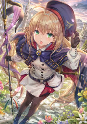 Rule 34 | 1girl, ahoge, artoria caster (fate), artoria caster (second ascension) (fate), artoria pendragon (fate), belt, black gloves, blue belt, blue capelet, blue headwear, blush, breasts, brown pantyhose, buttons, cape, capelet, castle, dress, fate/grand order, fate (series), flower, gloves, green eyes, highres, holding, holding staff, long hair, long sleeves, looking at viewer, multicolored cape, multicolored capelet, multicolored clothes, o-ring, o-ring belt, open mouth, pantyhose, petals, purple sky, sky, small breasts, staff, striped belt, sunset, sword, torino aqua, twilight, weapon, white dress