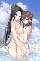 Rule 34 | 2girls, absurdres, ahoge, ass, black hair, blue sky, borrowed character, breasts, butt crack, closed mouth, cloud, commentary request, day, earrings, flower, green eyes, green hair, hair flower, hair ornament, highres, jewelry, large breasts, long hair, looking at viewer, medium breasts, medium hair, multicolored hair, multiple girls, original, outdoors, palm tree, ponytail, pout, red eyes, red flower, sky, smile, standing, streaked hair, tree, vv-zz, water, yuri