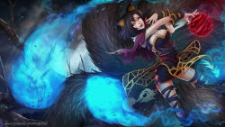 Rule 34 | 1girl, ahri (league of legends), alternate costume, animal ears, artist name, black hair, black nails, black thighhighs, blue fire, breasts, cleavage, facebook username, facepaint, facial mark, fire, fireball, fox ears, fox tail, highres, hitodama, large breasts, league of legends, magic, magion02, multiple tails, nail polish, nose, parted lips, signature, solo, tail, thighhighs, torn clothes, torn thighhighs, tree, watermark, web address, whisker markings, wrist cuffs, yellow eyes