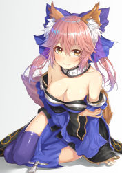 Rule 34 | 10s, 1girl, animal ears, bell, blue thighhighs, bow, breasts, cleavage, collar, detached sleeves, fate/extra, fate/grand order, fate (series), fox ears, fox tail, gradient background, hair between eyes, hair bow, hair ribbon, hakuishi aoi, highres, japanese clothes, long hair, neck bell, pink hair, ribbon, sitting, smile, solo, tail, tamamo no mae (fate/extra), thighhighs, yellow eyes, yokozuwari