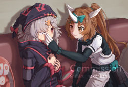 Rule 34 | 2girls, animal ears, arknights, black gloves, black jacket, black shirt, blue bow, bow, braid, brown eyes, brown hair, bubble (arknights), commentary request, commission, couch, elbow gloves, eyepatch, female focus, flying sweatdrops, gloves, grey hair, hair bow, hair ornament, hairclip, horns, jacket, long hair, long sleeves, multiple girls, on couch, own hands together, ponytail, popukar (arknights), puffy short sleeves, puffy sleeves, rabbit hair ornament, red eyes, shironekoban, shirt, short sleeves, single horn, sitting, skeb commission, stuffed animal, stuffed rabbit, stuffed toy, twitter username, very long hair, watermark, x hair ornament