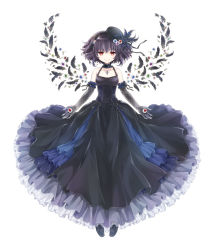 Rule 34 | &gt;:), 1girl, b.a.d., bad id, bad pixiv id, beyond another darkness, black dress, black gloves, black hair, choker, cross, dress, elbow gloves, eyeball, fake wings, feathers, gloves, hair ornament, hairband, hat, jewelry, kona (canaria), mayusumi azaka, mayuzumi azaka, necklace, official art, pendant, red eyes, ribbon choker, short hair, smile, solo, v-shaped eyebrows, wings