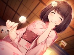 Rule 34 | 1girl, blush, brown hair, ceiling, closed eyes, facing viewer, floral print, flower, from below, hair flower, hair ornament, hand up, indoors, japanese clothes, kimono, mimikaki, nyum, original, pink kimono, short hair, sitting, smile, solo, stuffed seal, wide sleeves