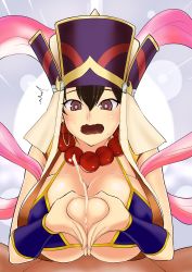 Rule 34 | 1girl, absurdres, breasts, brown eyes, brown hair, cleavage, cum, deep skin, ejaculation, eo masaka, fate/grand order, fate (series), hat, heart, heart hands, highres, huge breasts, looking at viewer, paizuri, pov, solo focus, surprised, wavy mouth, xuangzang sanzang (fate)