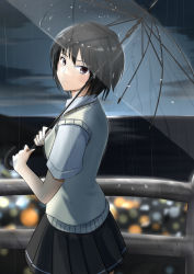Rule 34 | 1girl, amagami, black hair, blouse, blurry, blurry background, brown eyes, city, closed mouth, cloud, cloudy sky, commentary, cowboy shot, dress shirt, expressionless, from side, highres, holding, holding umbrella, kibito high school uniform, looking at viewer, looking back, nanasaki ai, night, ocean, railing, rain, school uniform, shirt, short hair, short sleeves, sky, solo, sweater vest, transparent, transparent umbrella, umbrella, walking, white shirt, yellow sweater vest, yoo tenchi