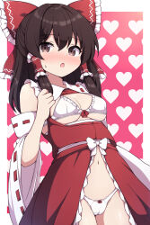 Rule 34 | 1girl, adapted costume, bare shoulders, blush, bow, bra, breastless clothes, breasts, brown eyes, brown hair, cameltoe, cowboy shot, detached sleeves, hair between eyes, hair bow, hair tubes, hakurei reimu, heart, heart background, highres, japanese clothes, long hair, navel, nontraditional miko, open mouth, panties, red bow, revealing clothes, ribbon-trimmed sleeves, ribbon trim, rizento, sidelocks, small breasts, solo, touhou, underwear, white bra, white panties, white sleeves, wide sleeves