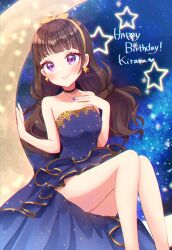 Rule 34 | 1girl, absurdres, amanogawa kirara, asymmetrical dress, bare shoulders, birthday, black choker, blue dress, blunt bangs, brown hair, character name, choker, closed mouth, commentary, crescent moon, dress, earrings, english text, go! princess precure, hair ribbon, hand on own chest, happy birthday, highres, jewelry, long dress, long hair, looking at viewer, low twintails, moon, necklace, one eye closed, precure, print dress, purple eyes, ribbon, shuu (mniarnoakou), sitting, sky, smile, solo, star (sky), star (symbol), star earrings, starry sky, starry sky print, strapless, strapless dress, twintails, twitter username, yellow ribbon
