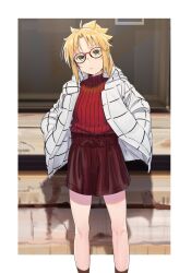 Rule 34 | 1girl, bad id, bad twitter id, blonde hair, border, commentary request, fate/apocrypha, fate (series), feet out of frame, glasses, green eyes, hands in pockets, jacket, kerorira, long hair, long sleeves, looking at viewer, mordred (fate), ponytail, red-framed eyewear, red skirt, red sweater, ribbed sweater, shadow, skirt, solo, standing, sweater, turtleneck, turtleneck sweater, white border, white jacket