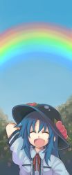 Rule 34 | 1girl, anarogumaaa, arm at side, arm behind head, bad id, bad pixiv id, black hat, blouse, blue hair, closed eyes, fang, flower, food, fruit, hat, hat ornament, highres, hinanawi tenshi, long hair, open mouth, outdoors, peach, puffy short sleeves, puffy sleeves, rainbow, shirt, short sleeves, sky, smile, solo focus, touhou, tree, white shirt
