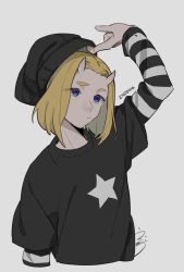 Rule 34 | 1boy, a&#039;he (the legend of luoxiaohei), arm up, beanie, black hat, black shirt, blonde hair, blue eyes, dated, drruraguchi, expressionless, grey background, hat, highres, horns, layered sleeves, long sleeves, luo xiaohei zhanji, medium hair, print shirt, shirt, short over long sleeves, short sleeves, simple background, solo