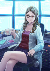 Rule 34 | 1girl, breasts, brown eyes, chair, character request, cleavage, computer, cup, earrings, earth defense force, glasses, indoors, jewelry, lab coat, crossed legs, long hair, looking at viewer, mole, monitor, pencil skirt, sitting, skirt, solo, tantaka