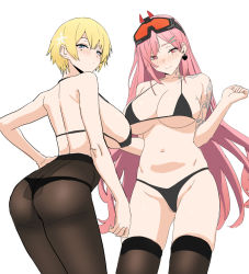 Rule 34 | 2girls, ass, back, bare shoulders, bikini, black bikini, blonde hair, blue eyes, blush, breasts, chela77, cowboy shot, earrings, girls&#039; frontline, goggles, goggles on head, hair ornament, hairclip, jewelry, large breasts, long hair, looking at viewer, mole, mole on breast, mole under eye, multiple girls, navel, pantyhose, pink hair, short hair, sig mcx (girls&#039; frontline), sketch, swimsuit, tattoo, thighhighs, very long hair, vsk-94 (girls&#039; frontline), white background