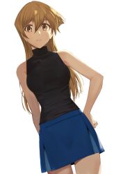 Rule 34 | 1girl, bare arms, black shirt, blonde hair, blue skirt, breasts, brown eyes, closed mouth, cowboy shot, dutch angle, eyebrows hidden by hair, hair between eyes, hand on own hip, highres, long hair, looking at viewer, medium breasts, miniskirt, rourou ill, shirt, simple background, skirt, sleeveless, sleeveless shirt, solo, standing, straight hair, tenjouin asuka, very long hair, white background, yu-gi-oh!, yu-gi-oh! gx