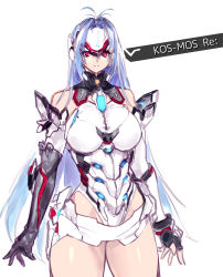 Rule 34 | 1girl, android, antenna hair, arms at sides, asymmetrical gloves, blue hair, breasts, character name, cowboy shot, cyborg, elbow gloves, forehead protector, gloves, hair between eyes, highres, kos-mos, kos-mos re:, leotard, long hair, looking at viewer, mismatched gloves, negresco, nintendo, red eyes, simple background, solo, spoilers, standing, thighhighs, thighs, underboob, very long hair, white background, xenoblade chronicles (series), xenoblade chronicles 2, xenosaga, xenosaga episode i, xenosaga episode ii, xenosaga episode iii