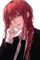 Rule 34 | 1girl, @ @, alternate eye color, black jacket, black necktie, braid, brown eyes, chainsaw man, closed mouth, collared shirt, formal, grey shirt, hair between eyes, hand on own face, hand up, highres, inuo (inuo x), jacket, long hair, long sleeves, looking at viewer, makima (chainsaw man), necktie, open clothes, open jacket, red hair, ringed eyes, shirt, simple background, smile, solo, suit, upper body, white background