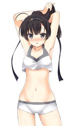Rule 34 | 10s, 1girl, ahoge, akizuki (kancolle), armpits, arms up, black hair, blush, clothes writing, collarbone, commentary request, embarrassed, groin, hachimaki, hairband, headband, highres, icetiina, kantai collection, navel, ponytail, simple background, solo, white background