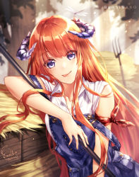 Rule 34 | 1girl, :p, arknights, artist name, bagpipe (arknights), bambi nano, blush, bug, dated, dragon horns, dragonfly, hay, highres, holding, horns, insect, leaning to the side, long hair, looking at viewer, off shoulder, orange hair, overalls, pitchfork, purple eyes, shirt, signature, smile, solo, tongue, tongue out, very long hair, white shirt