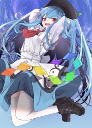 Rule 34 | 1girl, absurdres, arms up, black hat, blue hair, flying, hair between eyes, hands up, hat, highres, hinanawi tenshi, leaf, long hair, open mouth, red eyes, smile, solo, thighhighs, touhou, tsune (tune), white thighhighs