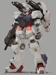 Rule 34 | clenched hand, grey background, gun, gundam, gundam 0083, gundam gp-02 physalis, highres, holding, holding gun, holding weapon, mecha, mobile suit, no humans, red eyes, redesign, rintaro komori, robot, science fiction, shoulder cannon, solo, standing, v-fin, weapon