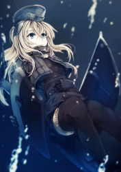 Rule 34 | 10s, 1girl, black dress, black pantyhose, blonde hair, blue eyes, covering own mouth, cropped jacket, dress, garrison cap, genyaky, gloves, hand on own stomach, hat, headgear, highres, kantai collection, long hair, machinery, military, military hat, military uniform, pale skin, pantyhose, solo, submerged, u-511 (kancolle), underwater, uniform