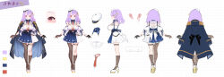 Rule 34 | 1girl, absurdres, aiguillette, asymmetrical gloves, asymmetrical legwear, bare shoulders, beret, between breasts, breasts, character profile, character sheet, cleavage, clothing cutout, color guide, epaulettes, full body, gloves, hat, heart, heart-shaped pupils, highres, jacket, jacket over shoulder, kanola u, large breasts, long hair, looking at viewer, multiple views, necktie, necktie between breasts, open clothes, original, pink eyes, purple hair, red necktie, sayamagu, skindentation, smile, solo, symbol-shaped pupils, turnaround, underboob, unworn jacket, virtual youtuber, white hat