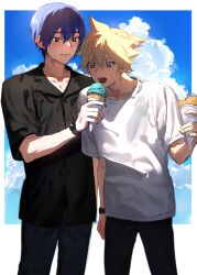 Rule 34 | 2boys, absurdres, black shirt, blonde hair, blue eyes, blue hair, blue sky, blush, border, bright pupils, cloud, food, hair between eyes, highres, holding, holding food, holding ice cream, ice cream, implied yaoi, kagamine len, kaito (vocaloid), looking at another, looking at food, male focus, multiple boys, nail polish, open mouth, pants, shirt, short hair, sidelighting, sky, smile, spiked hair, standing, summer, sunlight, tetorutti35, vocaloid, watch, white border, white shirt, wristwatch, yellow nails