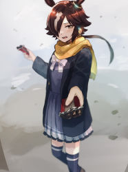 Rule 34 | 1girl, animal ears, black jacket, black shirt, black skirt, bow, bowtie, brown hair, chocolate, food, hair over one eye, highres, holding, holding food, horse ears, horse girl, jacket, long hair, looking at viewer, open mouth, outdoors, ponytail, sako (oyatutabero), scarf, shirt, skirt, solo, thighhighs, umamusume, vodka (umamusume), white bow, white bowtie, yellow scarf