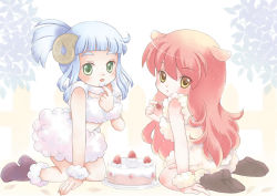 Rule 34 | animal ears, bad id, bad pixiv id, blue hair, boots, cake, child, dog ears, food, fruit, green eyes, highres, horns, licking, pastry, pink hair, strawberry, toyodaeri, wool, yellow eyes