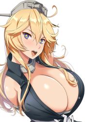 Rule 34 | 10s, 1girl, bad id, bad twitter id, blonde hair, blue eyes, blush, breasts, cleavage, elbow gloves, gigantic breasts, gloves, headgear, highres, huge breasts, inactive account, iowa (kancolle), kantai collection, kloah, long hair, looking at viewer, open mouth, simple background, solo, star-shaped pupils, star (symbol), symbol-shaped pupils, white background