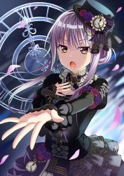 Rule 34 | 1girl, bad id, bad pixiv id, bang dream!, black hat, brown eyes, cherry blossoms, clock, earrings, floating hair, flower, gothic lolita, grey skirt, hair between eyes, hair ornament, hat, highres, jewelry, layered skirt, lolita fashion, long hair, looking at viewer, minato yukina, open mouth, outstretched arm, purple flower, silver hair, skirt, solo, standing, yuusa