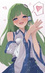Rule 34 | 1girl, blue eyes, blue sky, detached sleeves, frog hair ornament, green hair, hair ornament, heart, highres, kanpa (campagne 9), kochiya sanae, long hair, looking at viewer, nontraditional miko, own hands together, shirt, sky, solo, speech bubble, spoken heart, touhou, very long hair, white background, white shirt, white sleeves