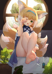 Rule 34 | 1girl, absurdres, animal ear fluff, animal ears, arknights, bare legs, bare shoulders, barefoot, bed sheet, blonde hair, blue hairband, blue skirt, braid, braided hair rings, commentary request, crossed legs, fox ears, fox girl, fox tail, frilled skirt, frills, green eyes, hair between eyes, hair rings, hairband, hand up, head tilt, highres, indoors, kitsune, knees up, legs, looking at viewer, multicolored hair, panties, plant, potted plant, rh huinai, round window, rubbing eyes, shirt, sitting, skirt, soles, solo, suzuran (arknights), tail, twin braids, two-tone hair, underwear, white hair, white panties, white shirt, window