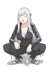 Rule 34 | 1girl, ak-12 (girls&#039; frontline), alcohol, blush, breasts, closed eyes, collarbone, crop top, girls&#039; frontline, kageshio (276006), large breasts, long hair, open mouth, shoes, sidelocks, silver hair, slav squatting, sneakers, solo, squatting, track suit, very long hair, vodka, white background, zipper pull tab