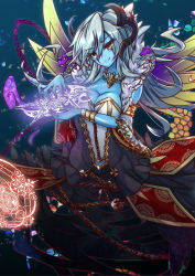 Rule 34 | blue skin, chain, closed mouth, colored skin, facial mark, goetia (p&amp;d), horns, long hair, looking at viewer, magic, monster girl, puzzle &amp; dragons, smile, sud (sudea), white hair, wings, yellow eyes
