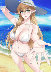 Rule 34 | 1girl, aranis elvene, arm up, beach, bikini, blonde hair, breasts, cleavage, collarbone, earrings, elf, green eyes, hat, highres, indie virtual youtuber, jewelry, large breasts, looking at viewer, navel, ocean, open mouth, outstretched hand, pointy ears, sand, smile, solo, sun hat, swimsuit, virtual youtuber, white bikini, xter