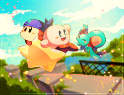 Rule 34 | ^ ^, arm up, bandana, bandana waddle dee, blue bandana, blue eyes, blue sky, blush stickers, brown eyes, cityscape, closed eyes, cloud, colored skin, day, elfilin, fence, flying, forest, kirby, kirby (series), kirby and the forgotten land, lake, large ears, looking ahead, looking at another, moss, nature, nintendo, no humans, no mouth, open mouth, orange skin, outdoors, pink skin, reaching, red footwear, shirushiki, shoes, sky, smile, star (symbol), warp star