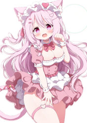 Rule 34 | 1girl, animal ear fluff, animal ears, bell, blush, bow, braid, breasts, cat ears, cat girl, cat tail, choker, cleavage, dress, frilled dress, frills, g4ku, hair between eyes, hair ornament, hairclip, heart, heart-shaped pupils, heart hair ornament, heart o-ring, highres, large breasts, long hair, looking at viewer, maid headdress, open mouth, original, pink bow, pink dress, pink eyes, pink hair, puffy short sleeves, puffy sleeves, short sleeves, simple background, solo, symbol-shaped pupils, tail, tail bow, tail ornament, thigh strap, thighs, very long hair, white background, wrist cuffs