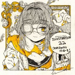 Rule 34 | 1girl, 2020, bandaid, bandaid on ear, bandaid on hand, border, chain, commentary request, eyepatch, framed, glasses, greyscale, hands up, highres, kitamurashu, long hair, monochrome, nail polish, official art, original, round eyewear, safety pin, scarf, signature, sleeves past wrists, solo, speech bubble, spot color, striped clothes, striped scarf, translation request, upper body, white border, yellow eyes, yellow nails